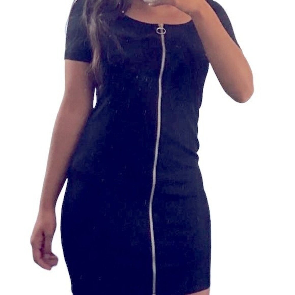 ZARA Black Zipper Front Short Mini Dress Short Sleeve Women's size Small